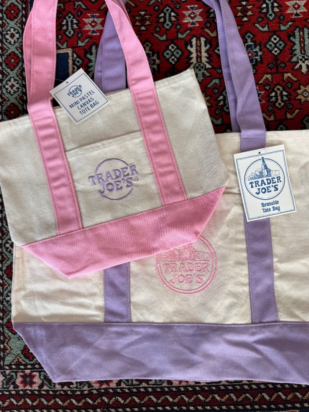 TWO Trader Joe’s Canvas Large &Mini Bags Lavender & Pink ON HAND READY TO SHIP !